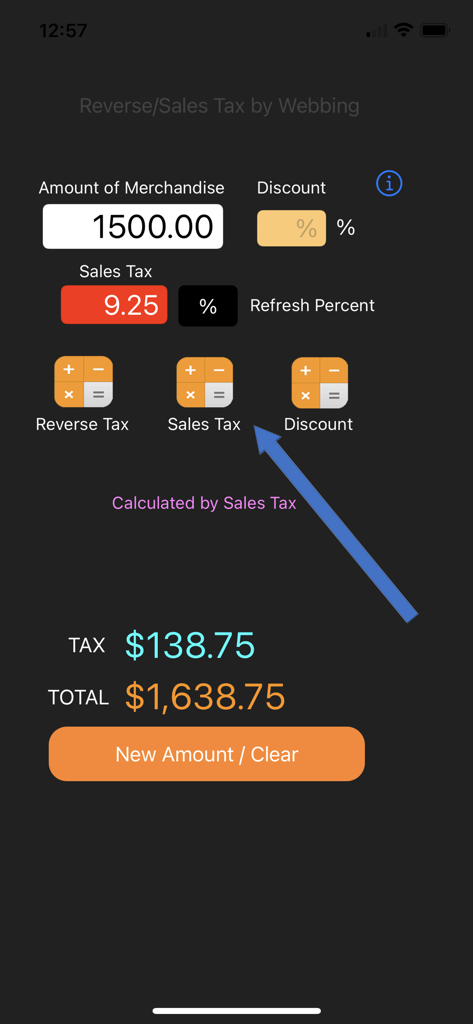 Interface de l'application TVA inversée montrant un calcul avec un montant de marchandise de 1500 dollars et une taxe de 9,25 %.