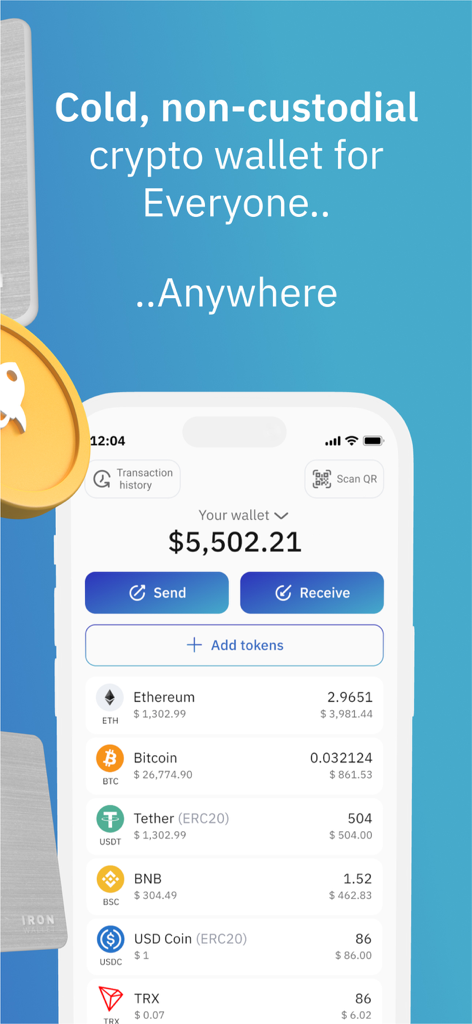 Haupt-Dashboard der IronWallet-App, das ein Multi-Chain-Krypto-Portfolio mit verschiedenen Token und dem Gesamtguthaben zeigt