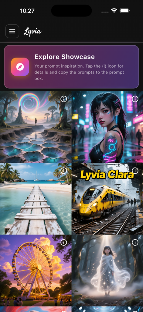 Lyvia - A gallery of AI generated images in the Lyvia app showing character portraits and landscapes
