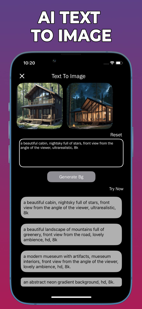 BG Remove: Background Editor - Interfaz del generador de texto a imagen con IA en la aplicación BG Remove que muestra fondos personalizados creados a partir de indicaciones de texto
