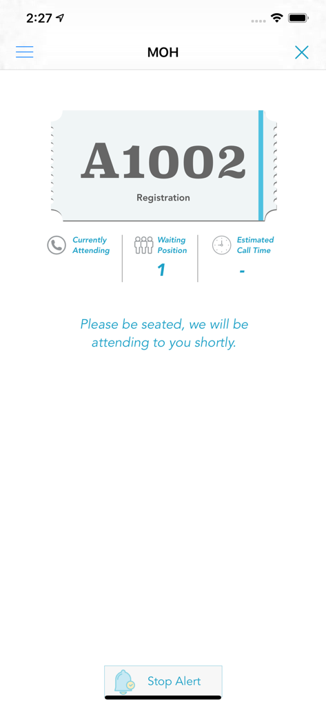 QueueBee - QueueBee mobile app screen displaying a virtual queue ticket for registration with number A1002 and waiting position 1
