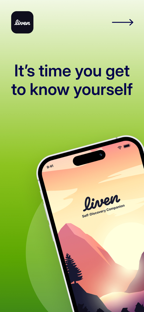 Liven: Discover yourself - Livenアプリが表示されたスマートフォン。夕日の風景と「自分自身を知る時が来ました」というテキストが表示されています。