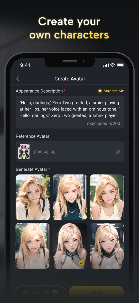 Fantasia AI - Interfaz de la aplicación Fantasia AI que muestra cómo crear un avatar de personaje personalizado con una descripción e imágenes generadas de una mujer rubia de estilo anime.