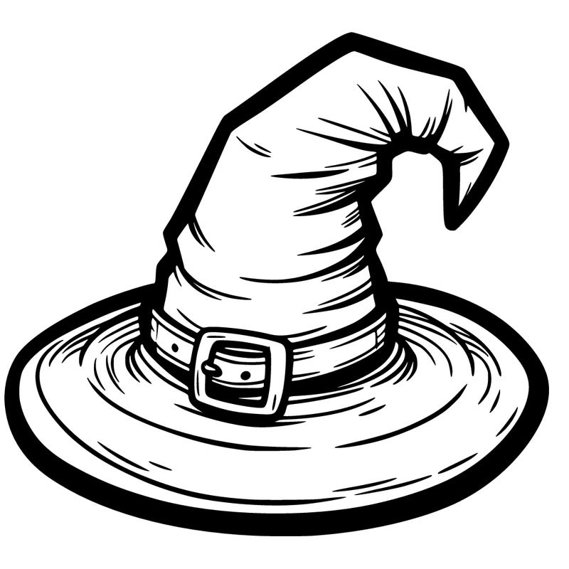 a witch’s hat with a wide brim and a buckle, set against a simple background.