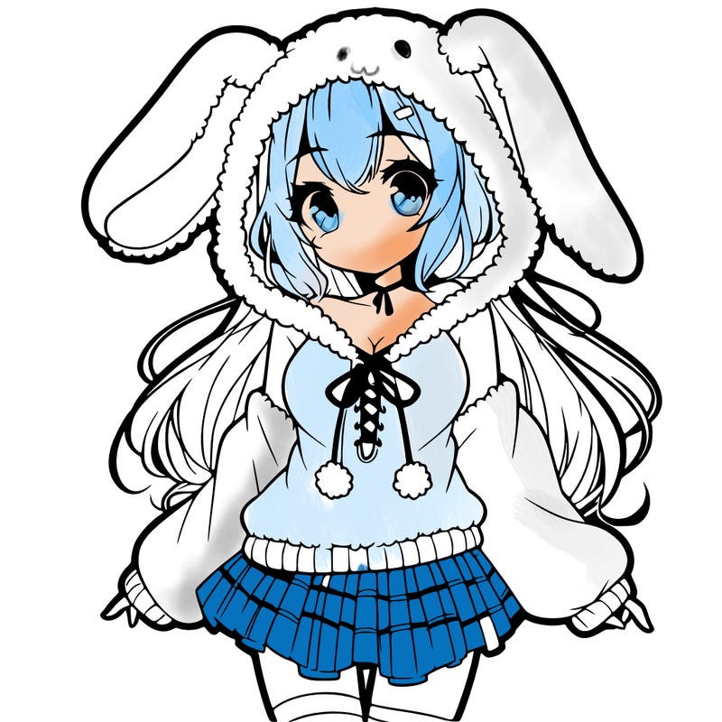 pretty anime girl wearing a fluffy hoodie with bunny ears on the hood and a skirt