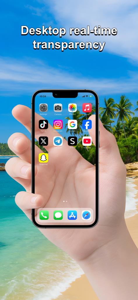 GlassPhone - Transparen Phone - Un smartphone mostrando un efecto de pantalla transparente en tiempo real con iconos de aplicaciones sobre un fondo de playa