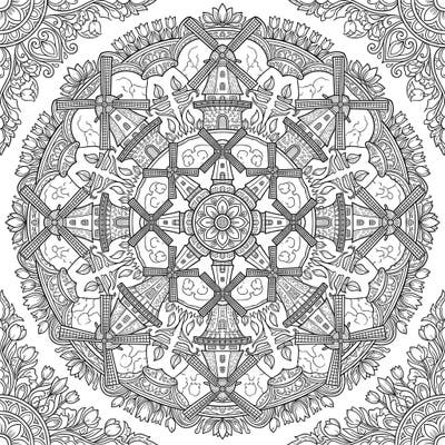 Journey to the Netherlands with this mesmerizing Dutch Windmill Mandala coloring page, blending iconic architecture with intricate symmetrical design. Perfect for adults and teens seeking a calming yet creatively stimulating coloring experience.