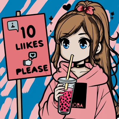 girl with a high ponytail and a hoodie drinking boba staring at a sign saying 10 likes please