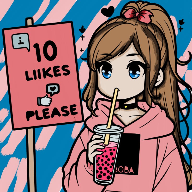 girl with a high ponytail and a hoodie drinking boba staring at a sign saying 10 likes please