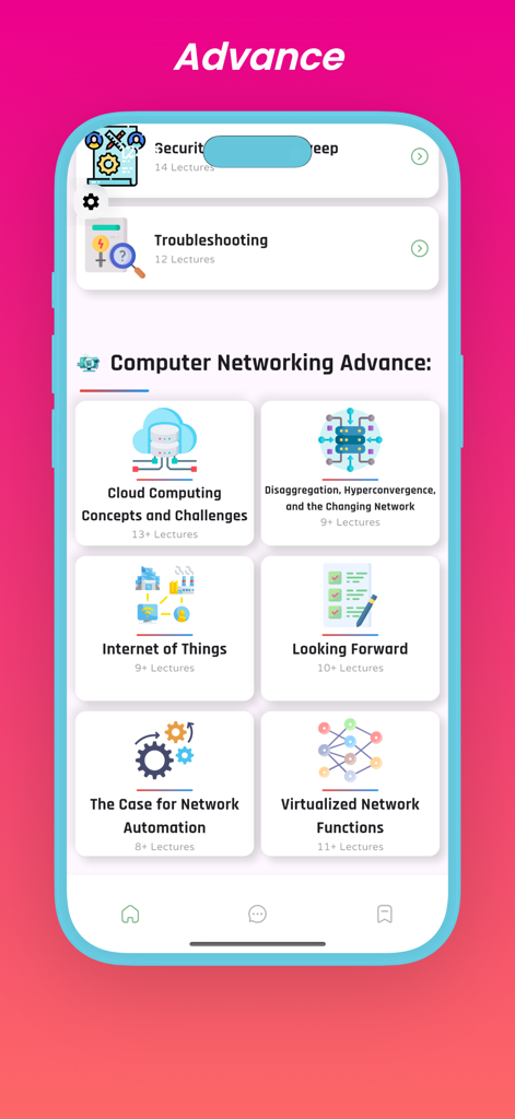 Learn Computer Networking Pro - Advanced networking topics screen including Cloud Computing and IoT modules