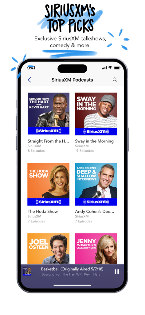 Interface of the Pandora app showing featured SiriusXM podcasts and talk shows