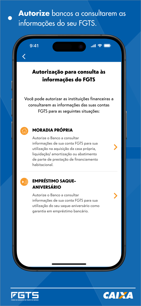 FGTS - FGTS app screen showing options to authorize banks to consult fund information for housing and loans