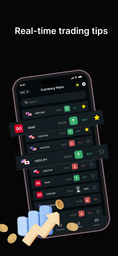 Forex Signals Tracking - Live - Schermata mobile dell'app Forex Signals Tracking che mostra allerte live di acquisto e vendita per coppie di valute e oro