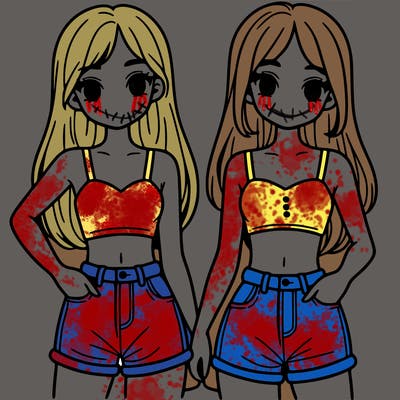 two sisters with crop tops and jean shorts and straight hair