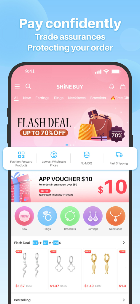 SHINE-BUY - Interfaz de la aplicación móvil SHINE-BUY que muestra ofertas flash, categorías de joyería al por mayor y funciones de garantía comercial.