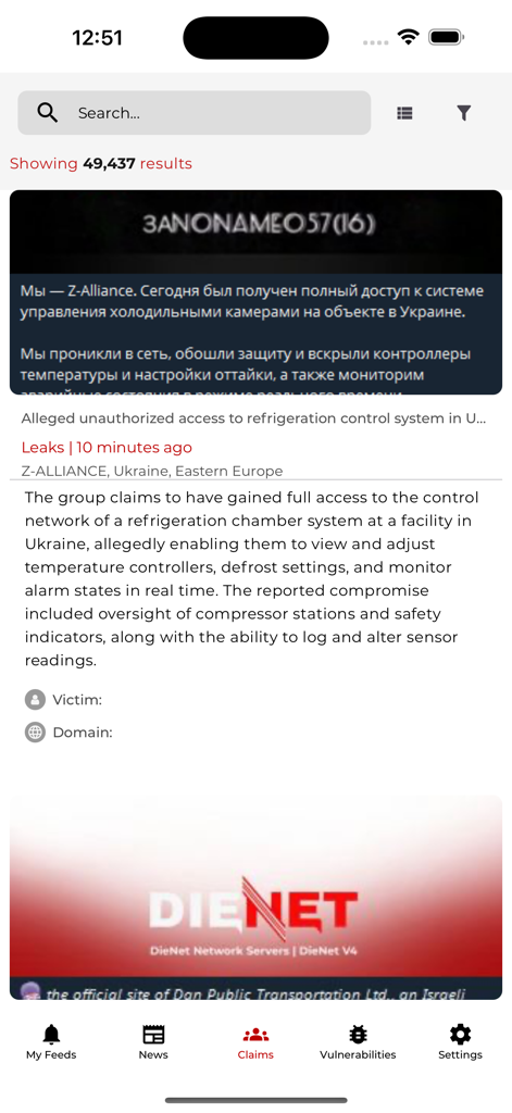 Cyna - Interface de l'application Cyna montrant les revendications d'acteurs de la menace en temps réel et les fuites de sécurité.
