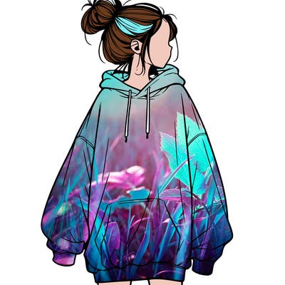 realistic girl with a oversized sweatshirt on and a bun