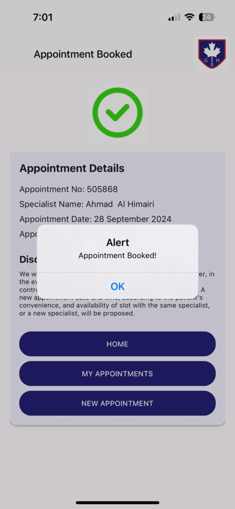 Tela de confirmação de consulta mostrando o nome do médico e notificação de sucesso de agendamento