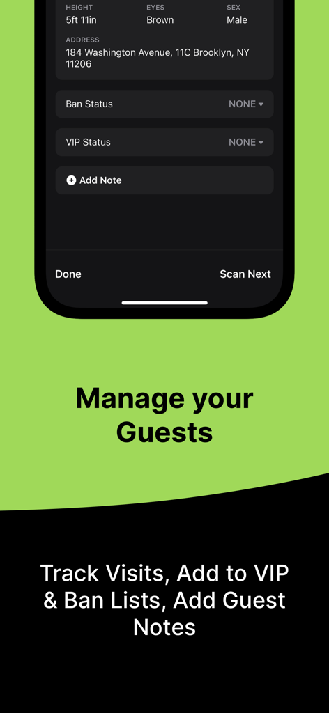 Vyyer ID Scan app screen for managing guests and tracking VIP status