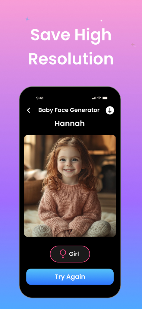 AI Baby Generator: Baby Maker - Resultado de niña bebé generada por IA en alta resolución dentro de la aplicación Baby Maker