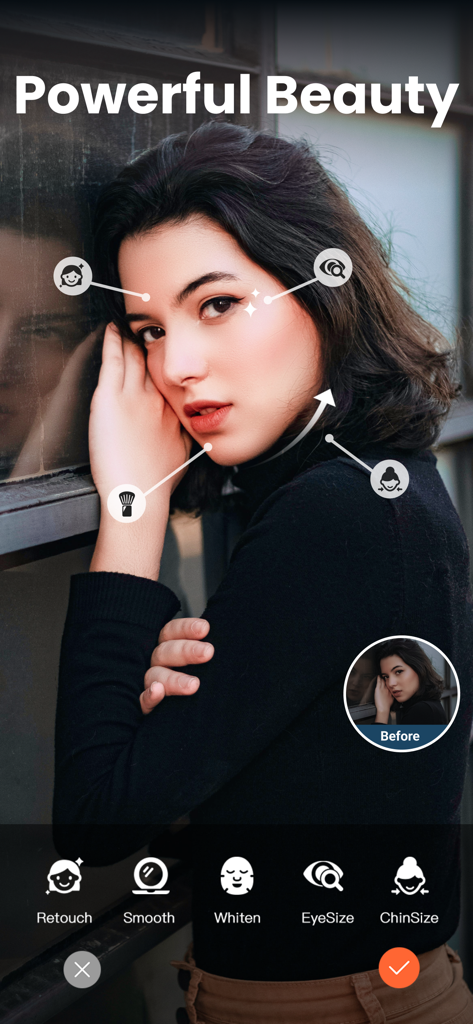 Filter Camera & Photo Editor - Screenshot of the Filter Camera app showing professional beauty retouching features on a portrait photo