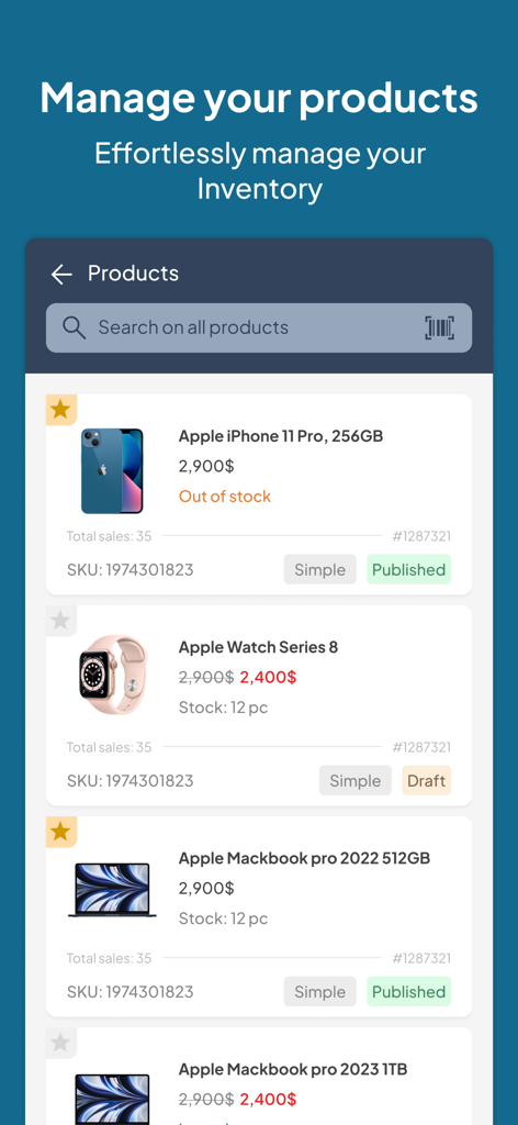 Mobile App-Oberfläche von Hippoo, die eine WooCommerce-Produktliste mit Bestandsstatus und Lagerbeständen anzeigt.