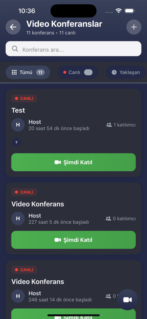 HisseChat - HisseChat app interface showing a list of live video conferences for investors to join and discuss stock market trends.