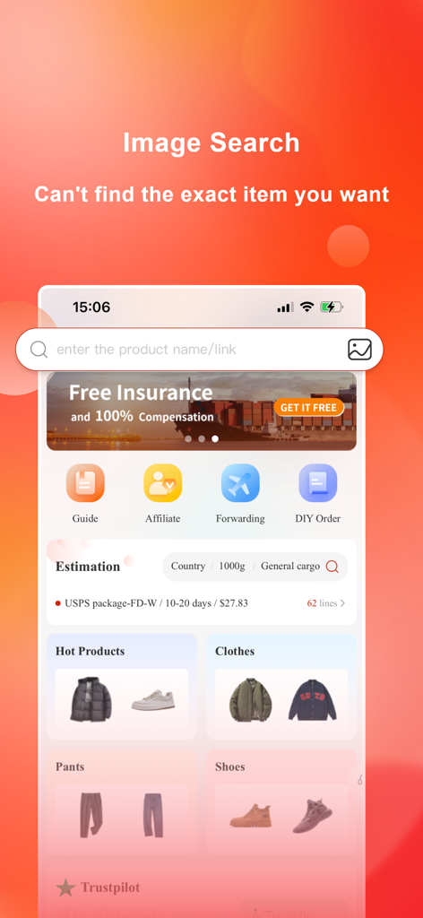 CNFans mobile app interface showing the image search tool and product categories for streetwear and sneakers