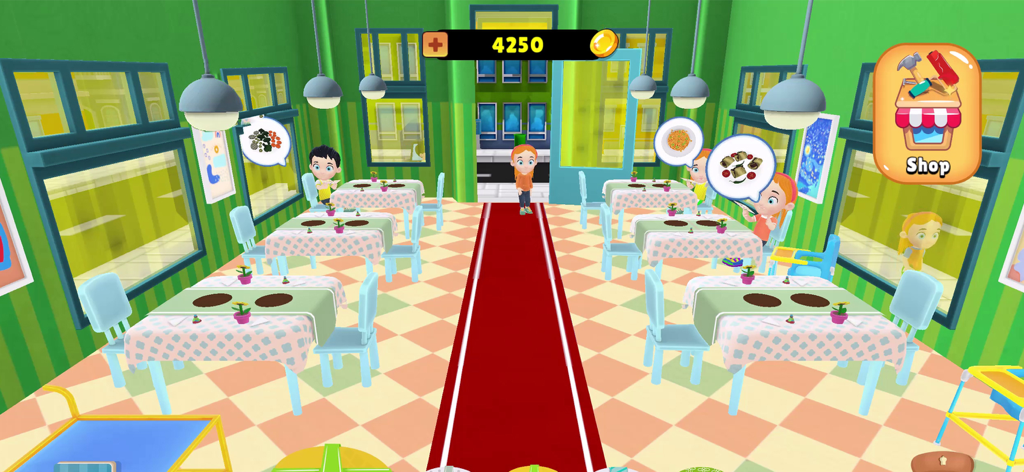 Cooking Master: Chef Game - Kids sitting at tables in a colorful virtual restaurant waiting for food orders