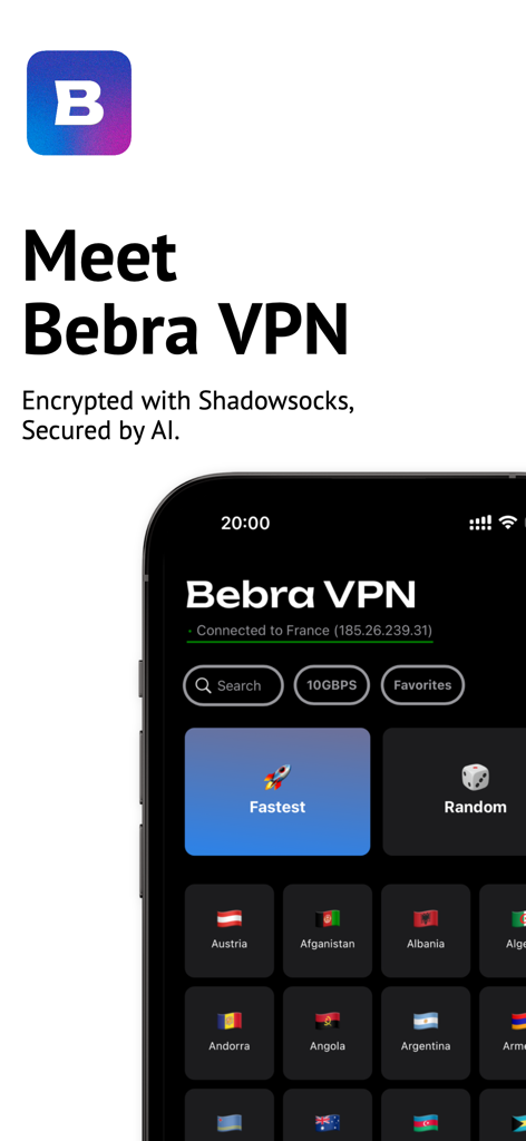 Bebra VPN mobile app interface showing global server locations and high speed connection features