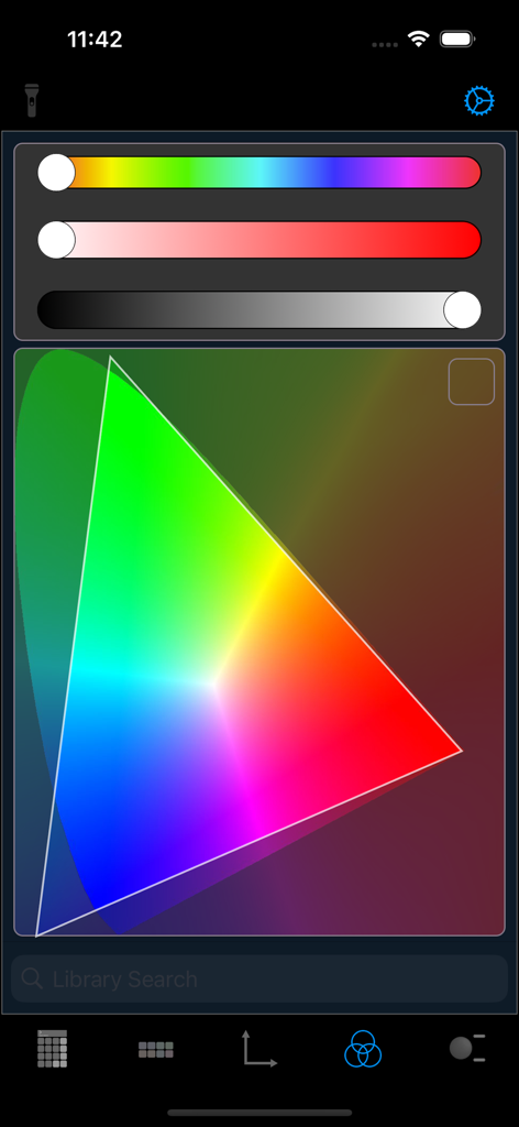 Vx Remoteアプリでのライティングコントロール用のスライダーとカラー三角形を備えたプロフェッショナルカラーピッカーインターフェース