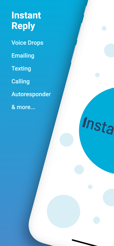 Pantalla de inicio de la app Respuesta Instantánea listando características como Mensajes de Voz, Correo Electrónico, Mensajería de Texto, Llamadas y Autorespondedor