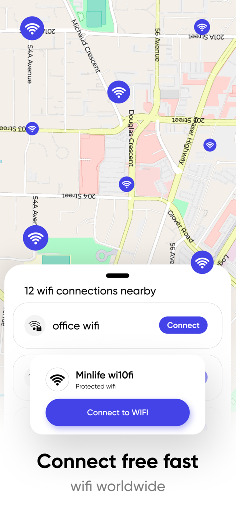 Wifi Password + Wifi Finder - Map displaying nearby wifi hotspots and a connection list in the Wifi Finder app