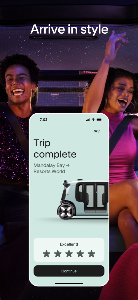 Zoox - The Zoox app showing a completed trip notification and a five star rating screen inside a robotaxi.
