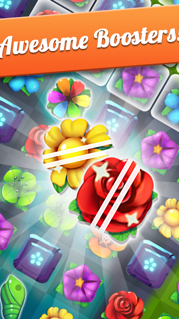Flower Crush - Match 3 & Blast Garden to Bloom! - Gameplay screenshot of Flower Crush showing vibrant flower matches and special power-up boosters in a garden theme.