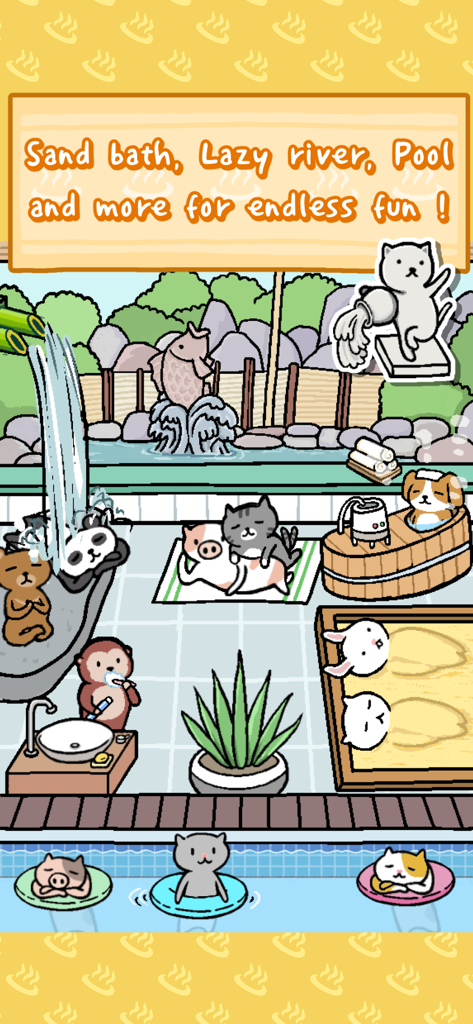 Cute animals relaxing in a pool, sand bath, and lazy river at a hot spring resort.