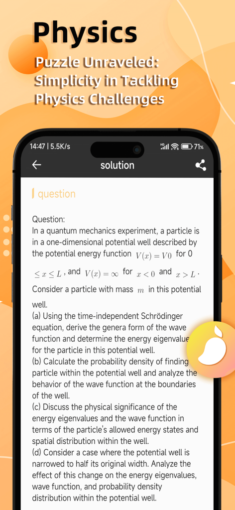 Mango.AI - 量子力学に関する複雑な物理学の問題が表示されたMango AIアプリのインターフェースを示すスマートフォン。