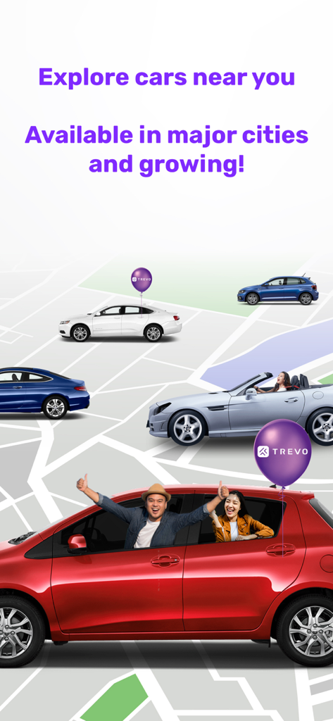 Trevo - Car Sharing Done Right - Map view showing available car sharing options in major cities with happy users