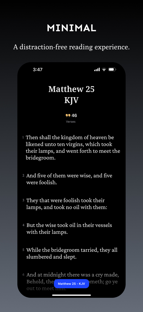 A minimalist and distraction free Bible reading screen in dark mode showing Matthew 25 KJV