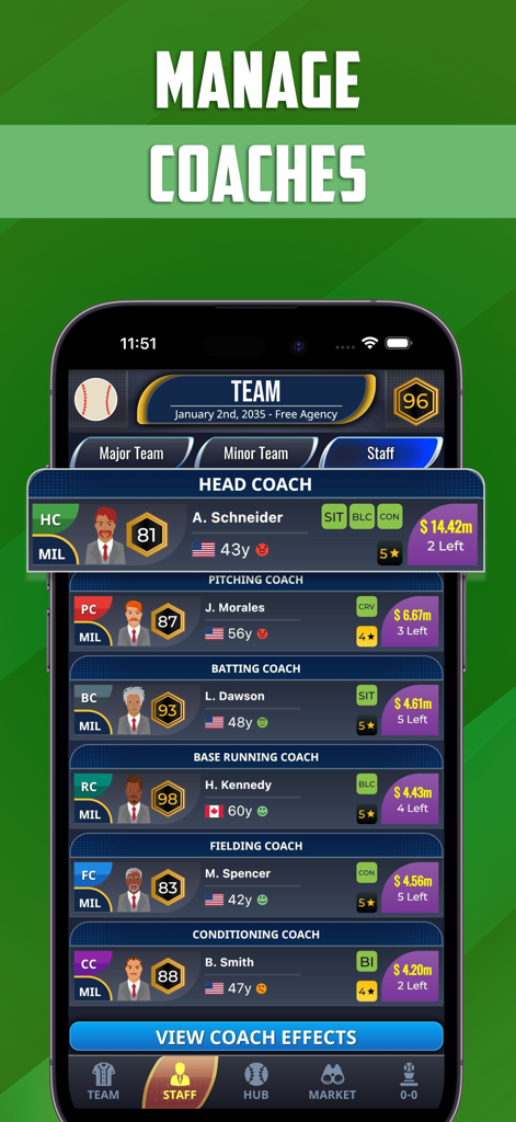 Staff management screen in Ultimate Pro Baseball GM showing head coach, pitching coach, and batting coach stats