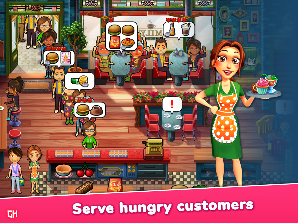 Emily sirviendo pasteles y bebidas a los clientes en su bullicioso restaurante