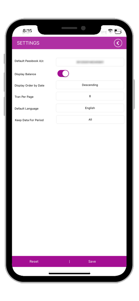 KBL mPassbook - KBL mPassbook app settings screen showing options for account selection, display balance toggle, language, and data retention.