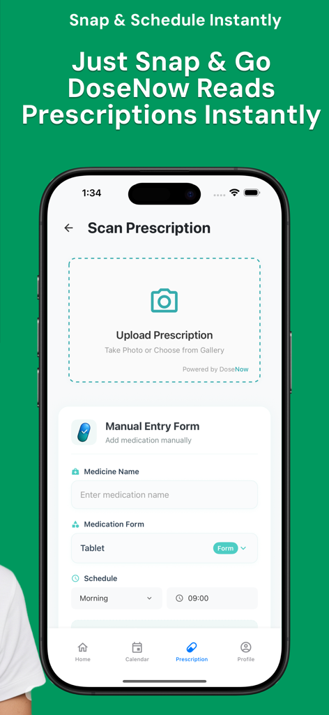 DoseNow: Medicine Tracker - Interfaz de la app DoseNow que muestra opciones para subir una foto de la receta o ingresar manualmente la información del medicamento.