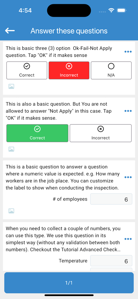 Safety Inspector - Mobile app interface showing safety inspection questions with multiple choice and numeric input fields