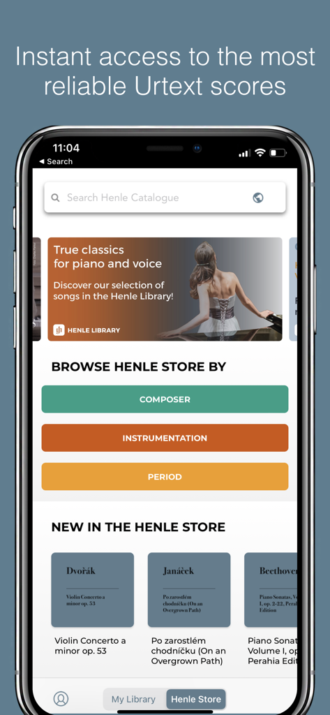 Henle Library - The Henle Library app store interface on a smartphone screen showing options to browse classical sheet music by composer instrumentation or period
