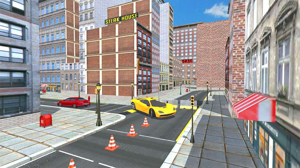 Captura de pantalla del juego de un coche deportivo amarillo navegando por una calle de la ciudad en el juego City Car Drive Transport.