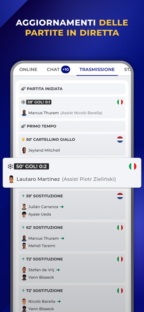 Inter Live - News & Matches - A screenshot of the Inter Live app showing live soccer match updates with goals and player substitutions