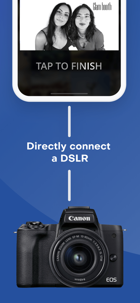Snappic Booth - Snappic Booth app interface showing direct connection to a professional Canon DSLR camera