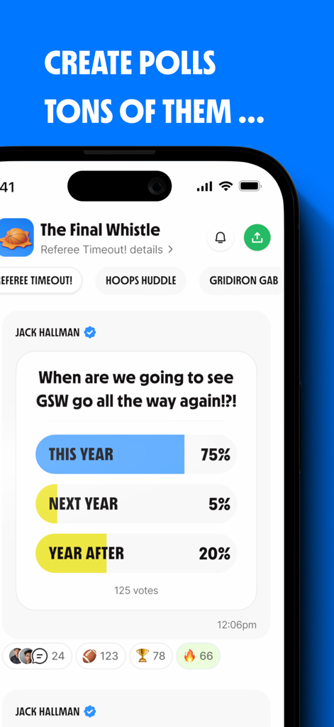 Screenshot of the ChatBCC app displaying a basketball poll with voting results in a sports group chat