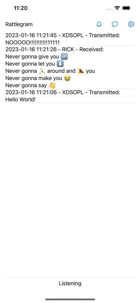 Rattlegram - Rattlegram app interface showing a log of received and transmitted text messages including a Rickroll snippet and the word Listening at the bottom